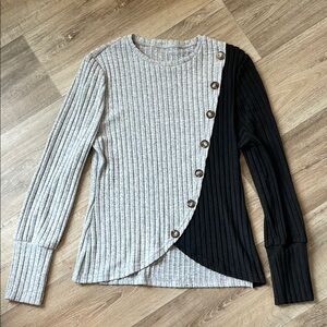 Gray and Black Ribbed Long Sleeve Top with Button Detail
